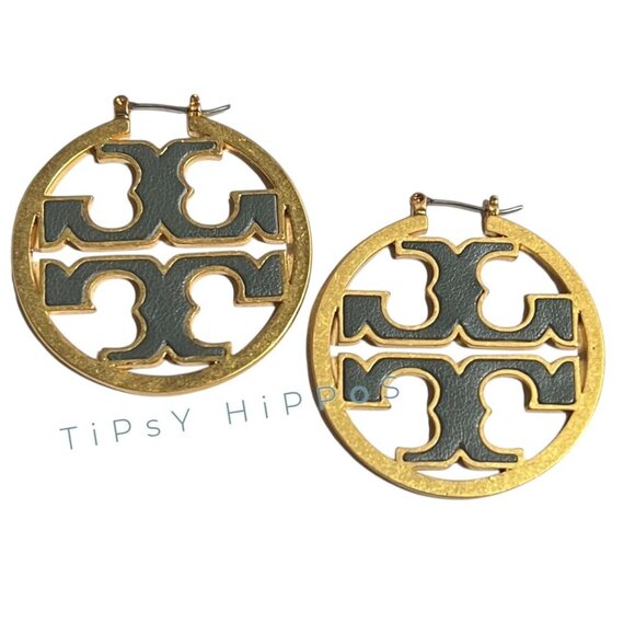 Authentic Tory Burch Miller Hoops in Hunter Green and Gold - Picture 2 of 6